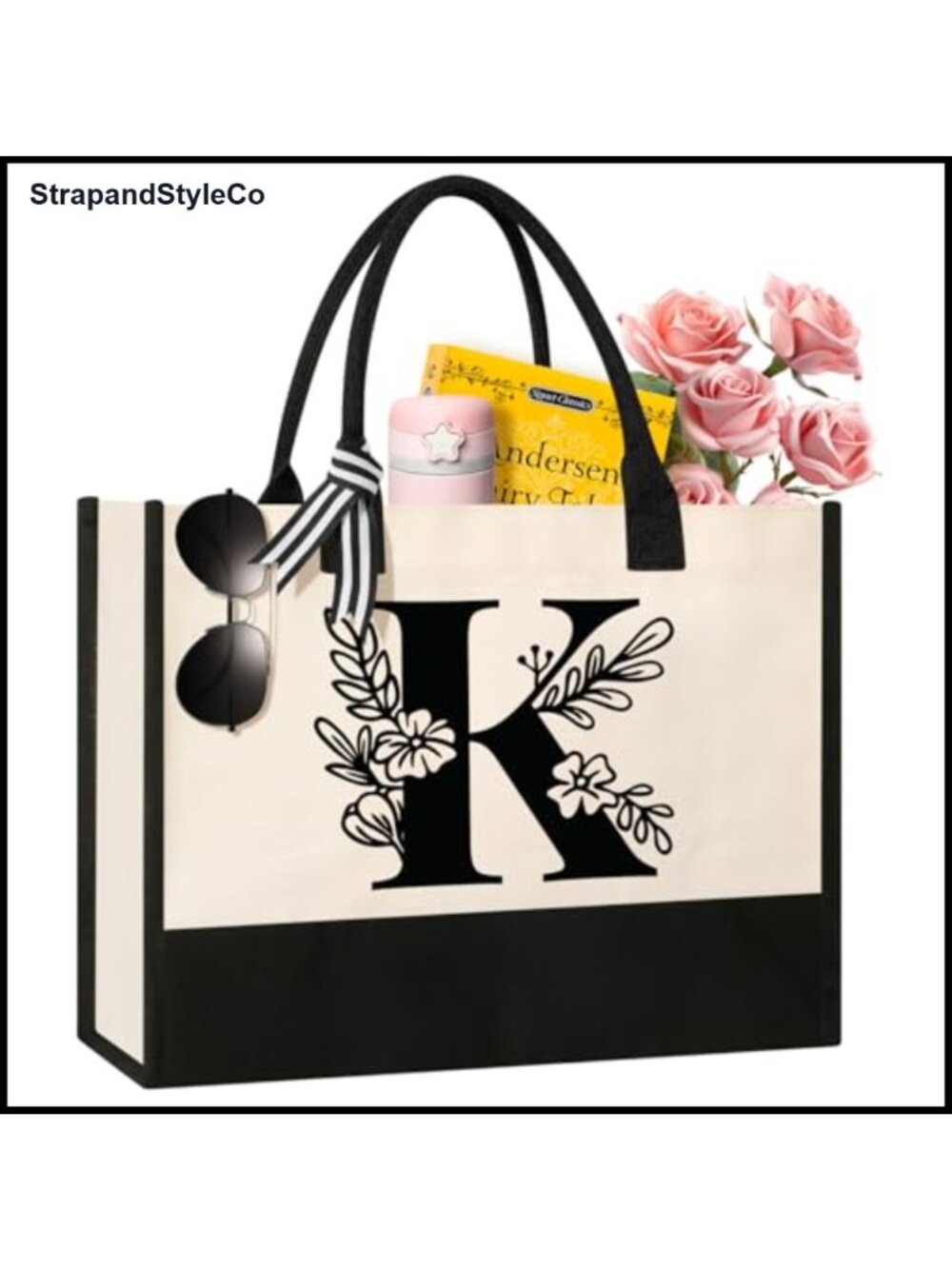 Personalized Initial Canvas Tote Bag Cotton Reusable Grocery Beach Bag